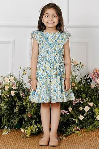 blue floral printed dress for girls