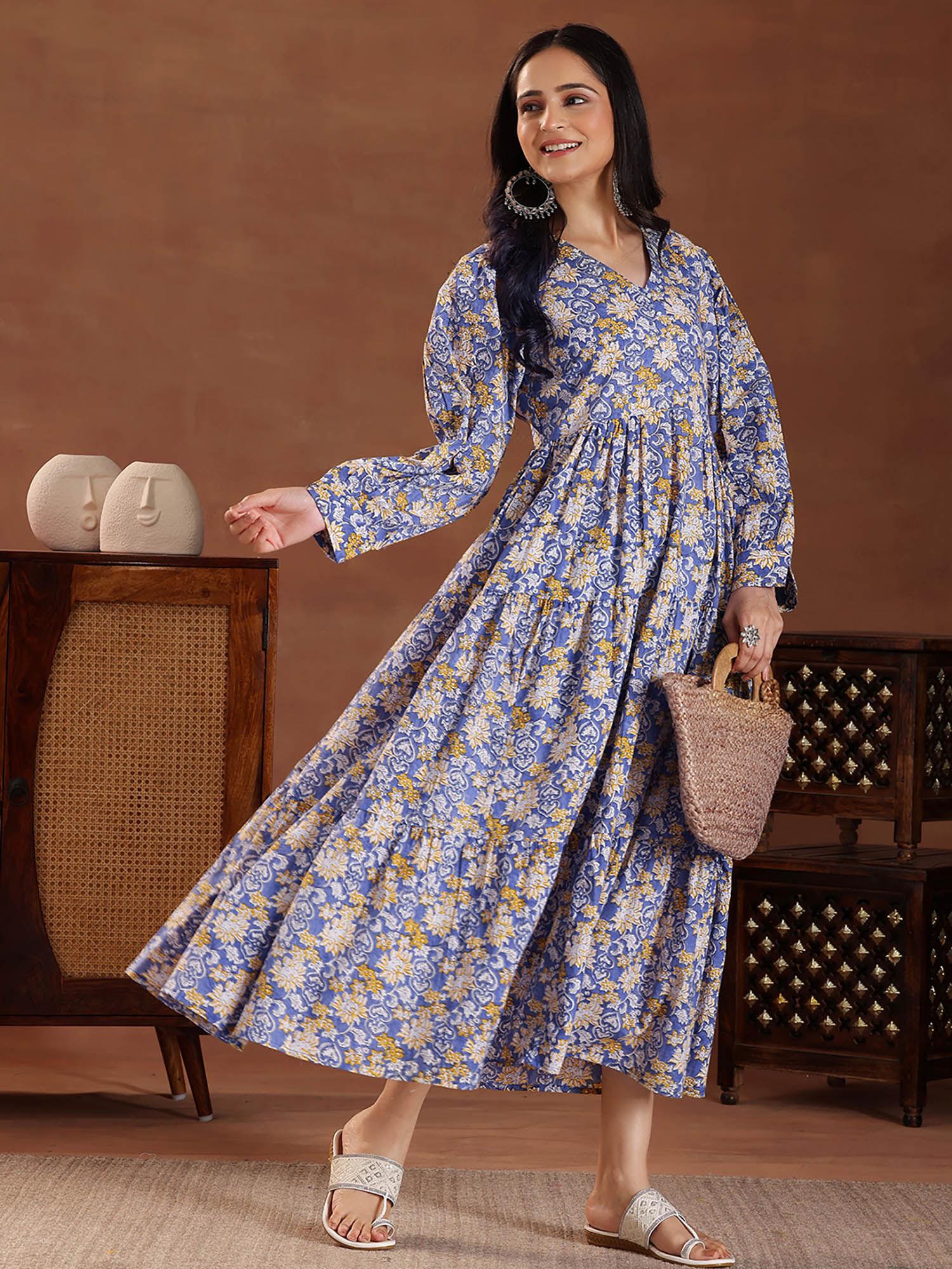 blue floral printed fit & flared panelled maxi dress