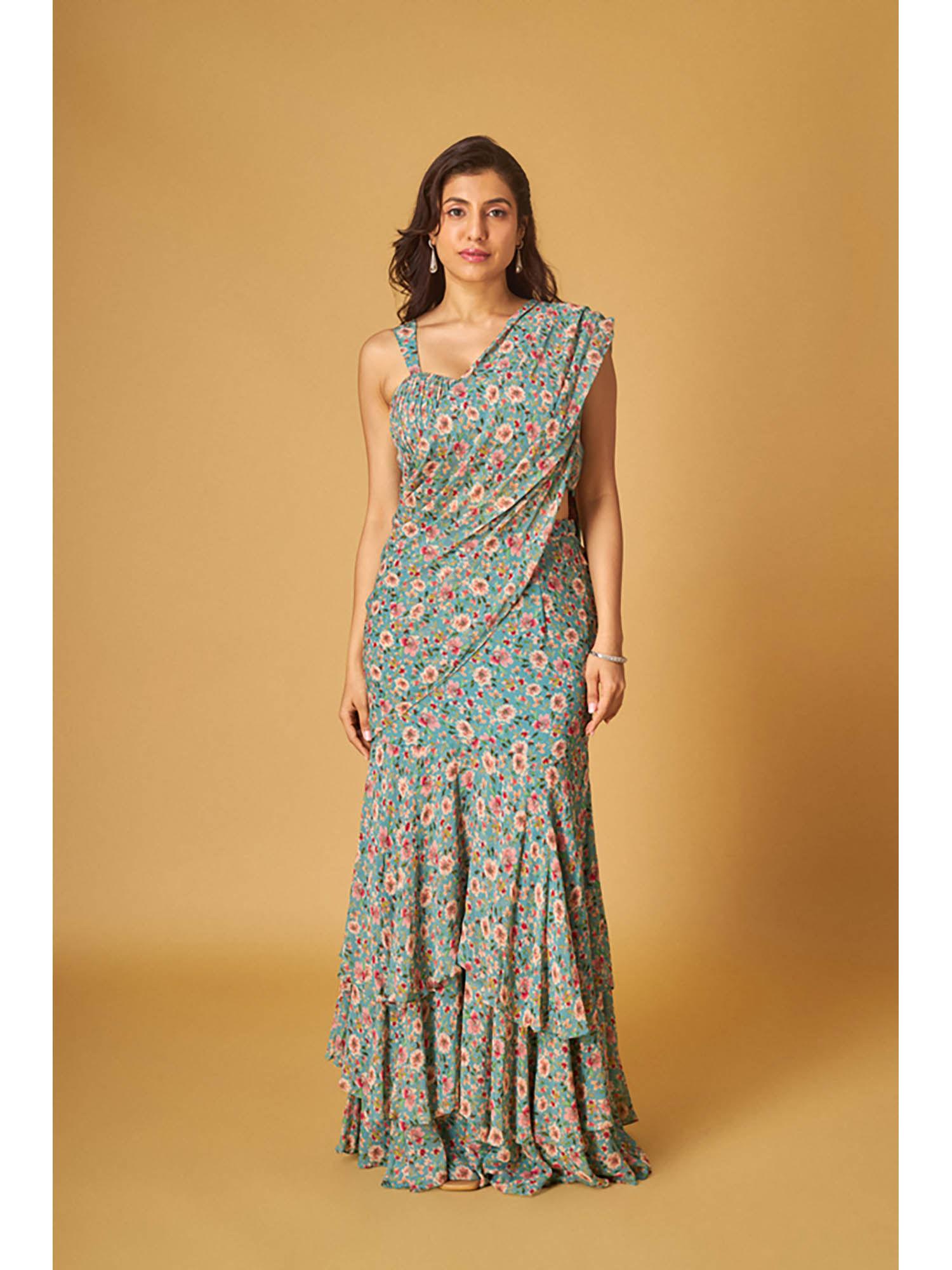 blue floral printed georgette draped saree and blouse