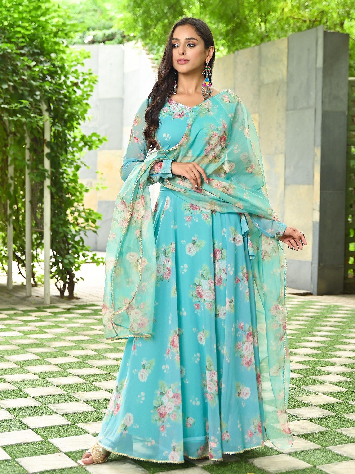 blue floral printed georgette lehenga (set of 3)