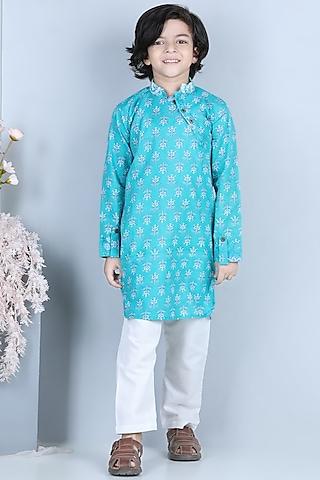 blue floral printed kurta set for boys