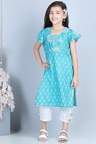 blue floral printed kurta set for girls