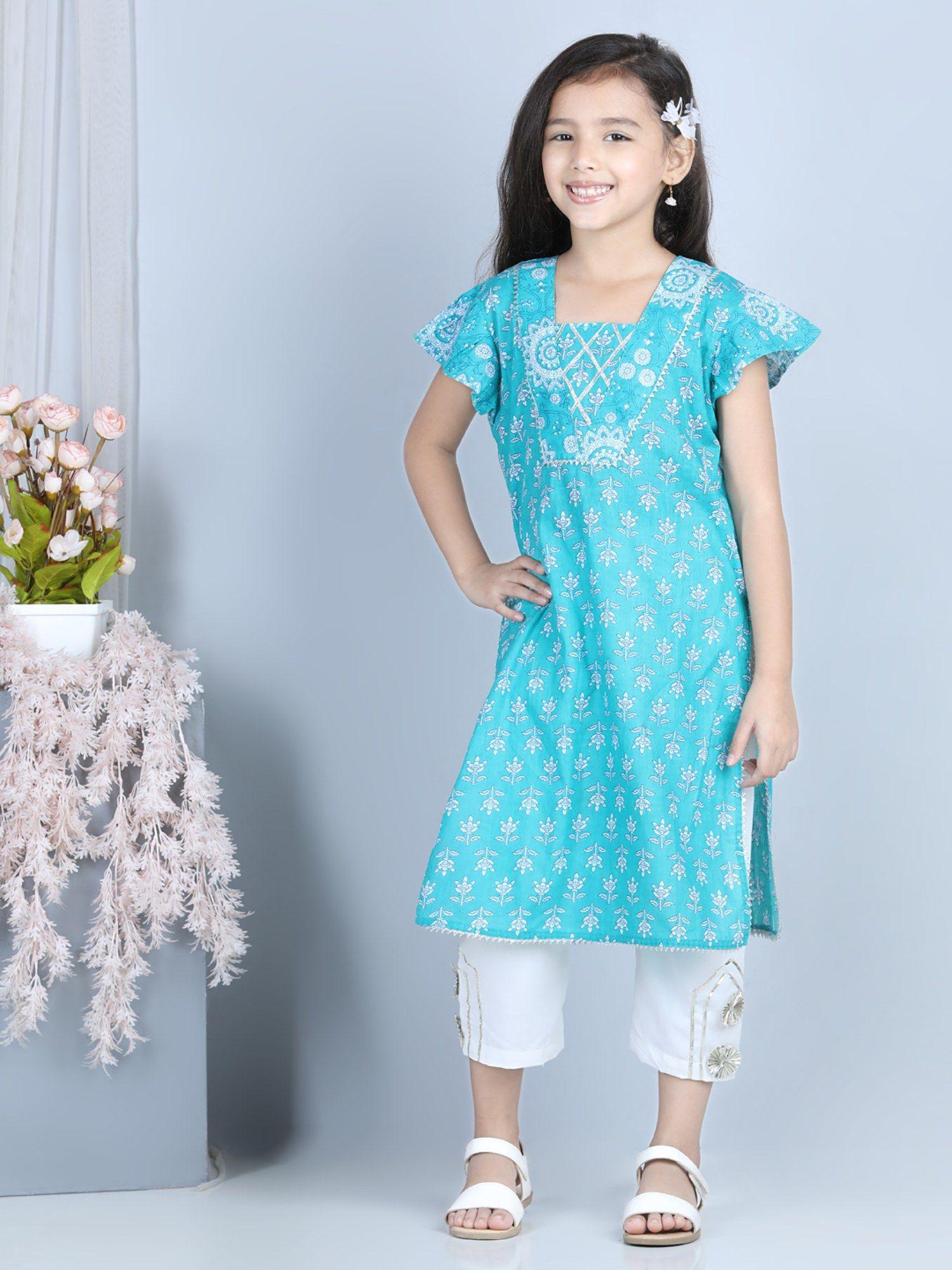 blue floral printed kurti paired with white gota patti palazzo (set of 2)