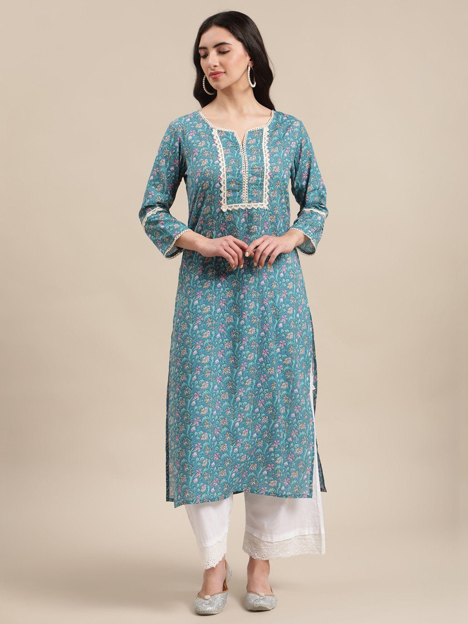 blue floral printed lace embellished kurta