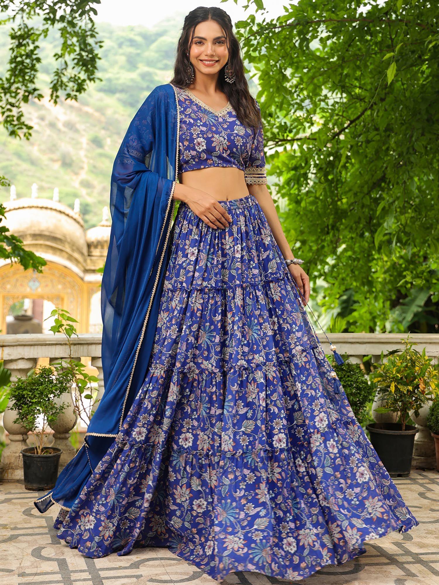 blue floral printed lehenga with choli and dupatta (set of 3)