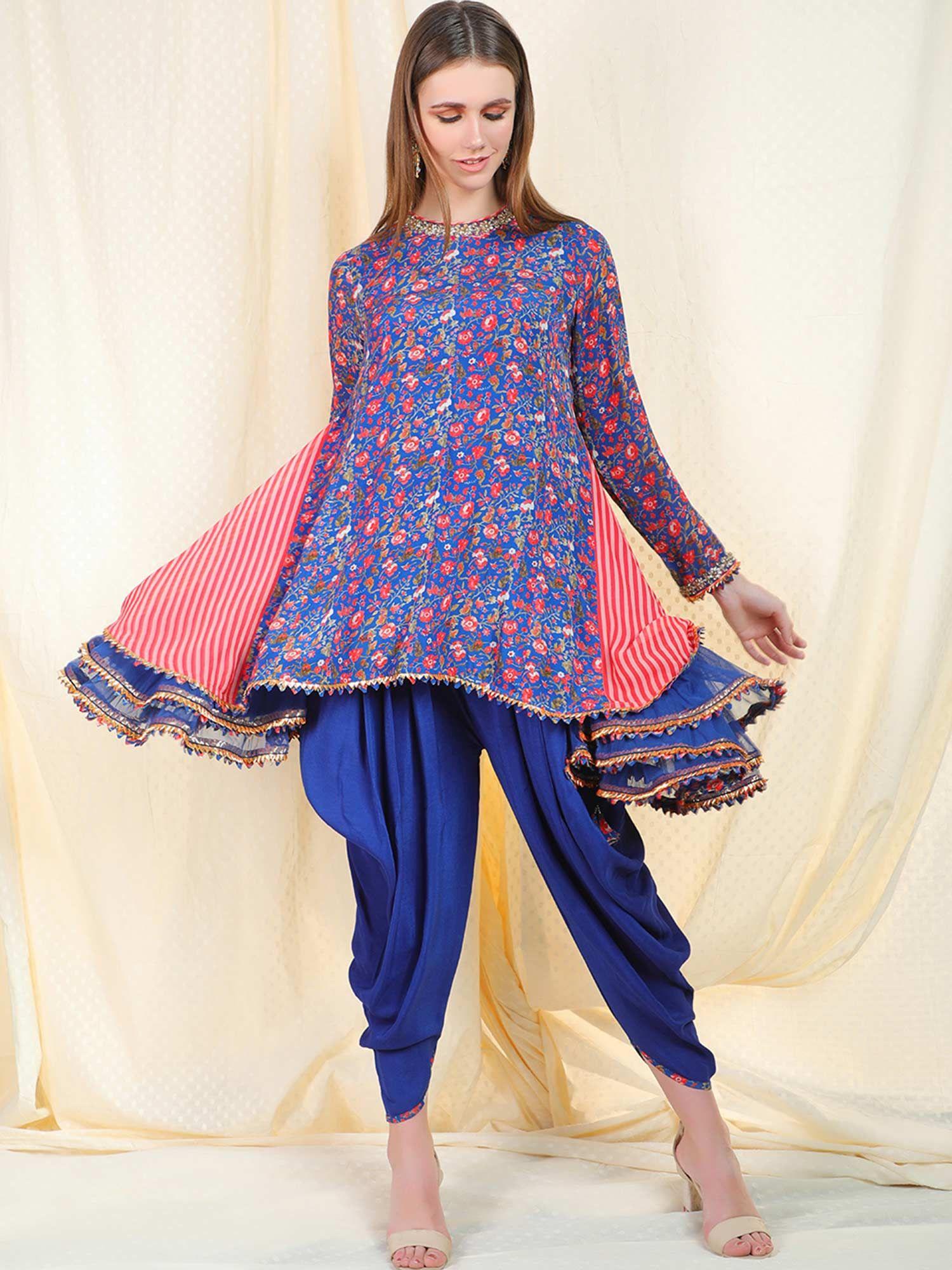 blue floral printed long sleeves tunic with dhoti pant - customisable (set of 2)