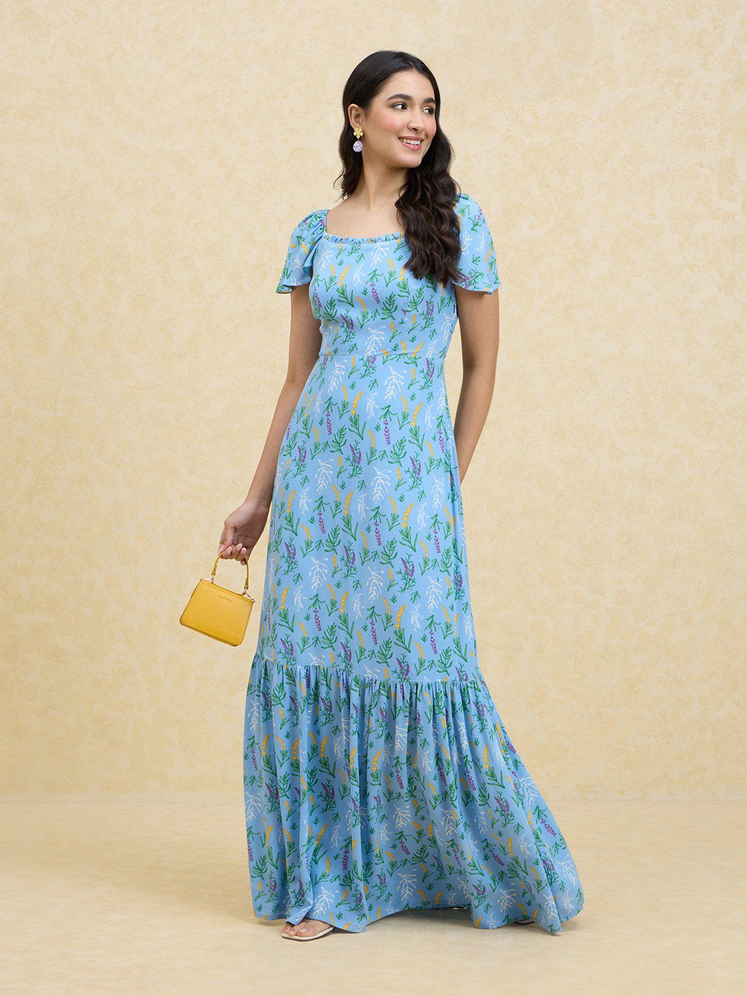 blue floral printed maxi dress