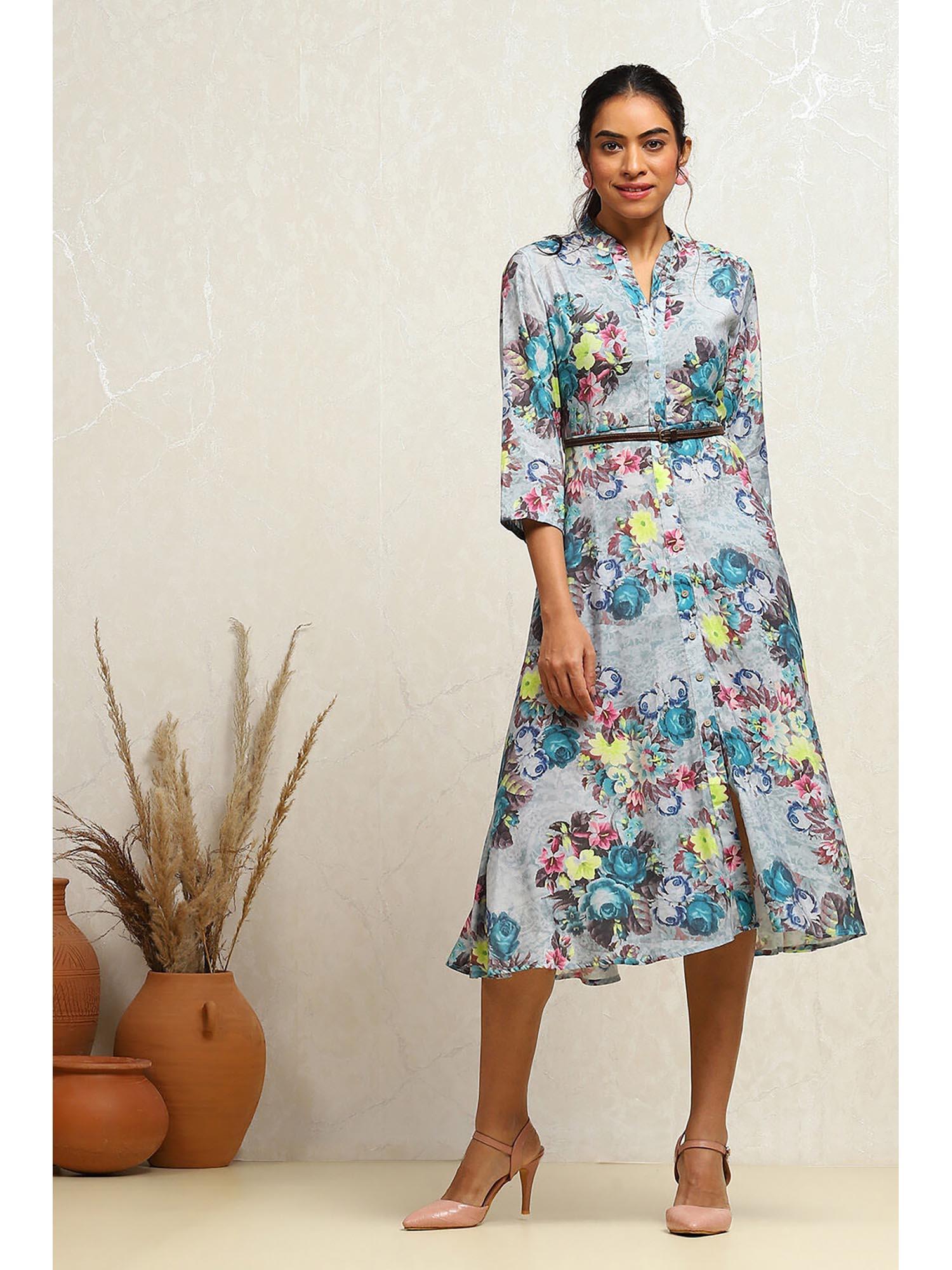 blue floral printed midi dress with belt (set of 2)