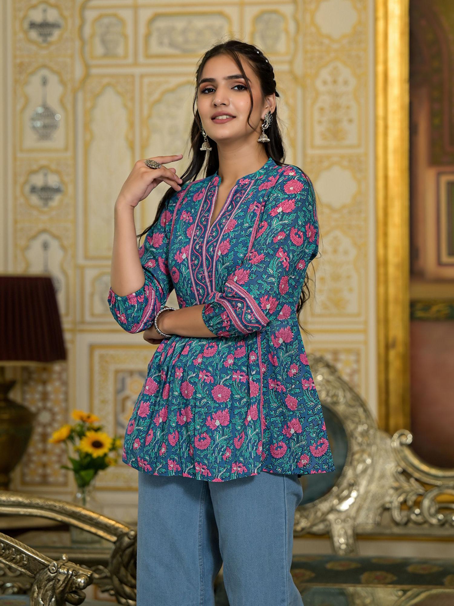 blue floral printed peplum short kurti