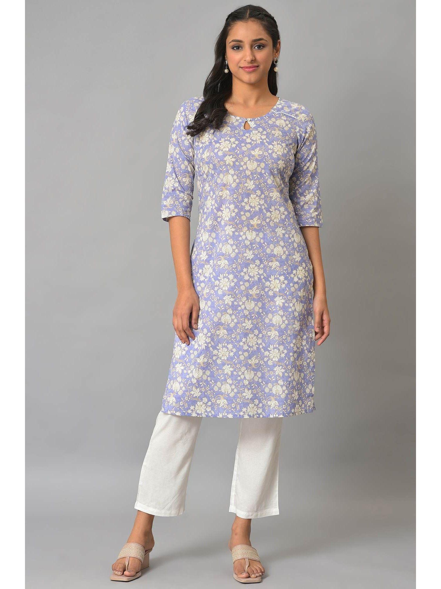 blue floral printed plus size cotton kurta