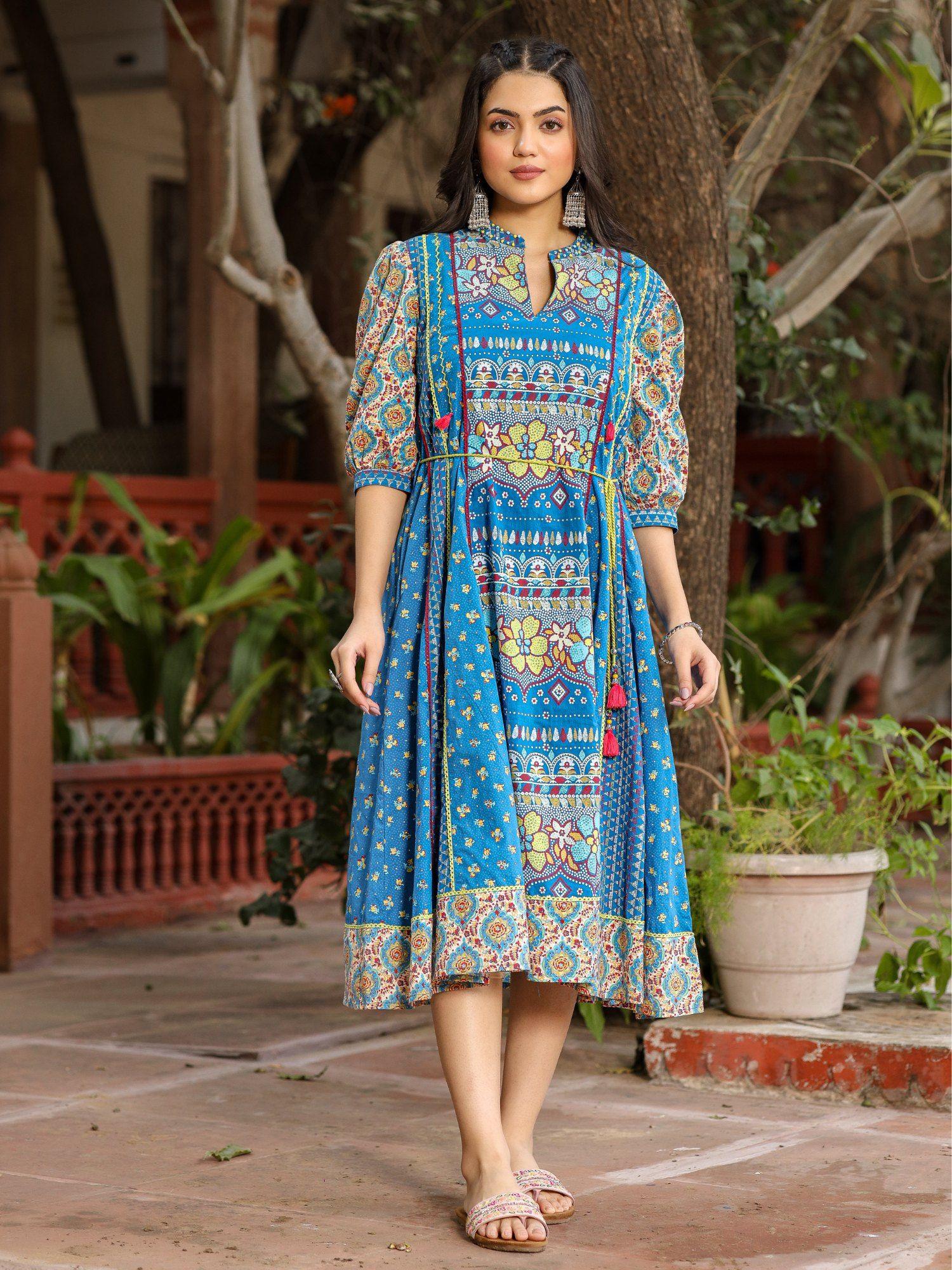 blue floral printed pure cotton dress & doris with beads work