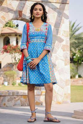 blue floral printed pure cotton dress with beads & sequins work - blue