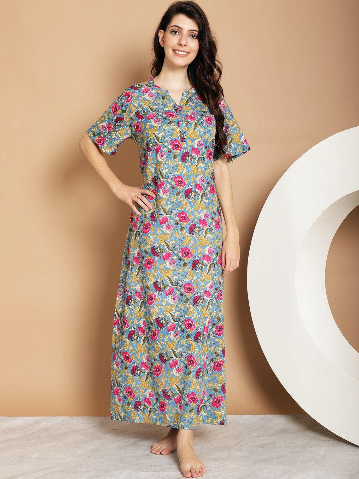 blue floral printed pure cotton maxi nightdress