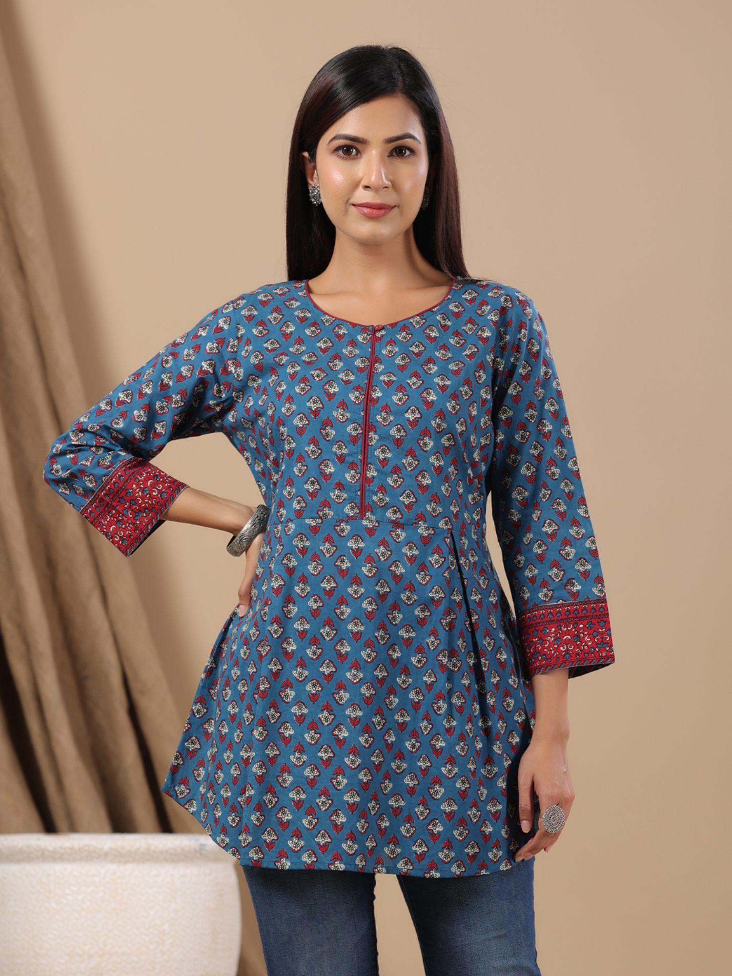 blue floral printed pure cotton pleated kurti