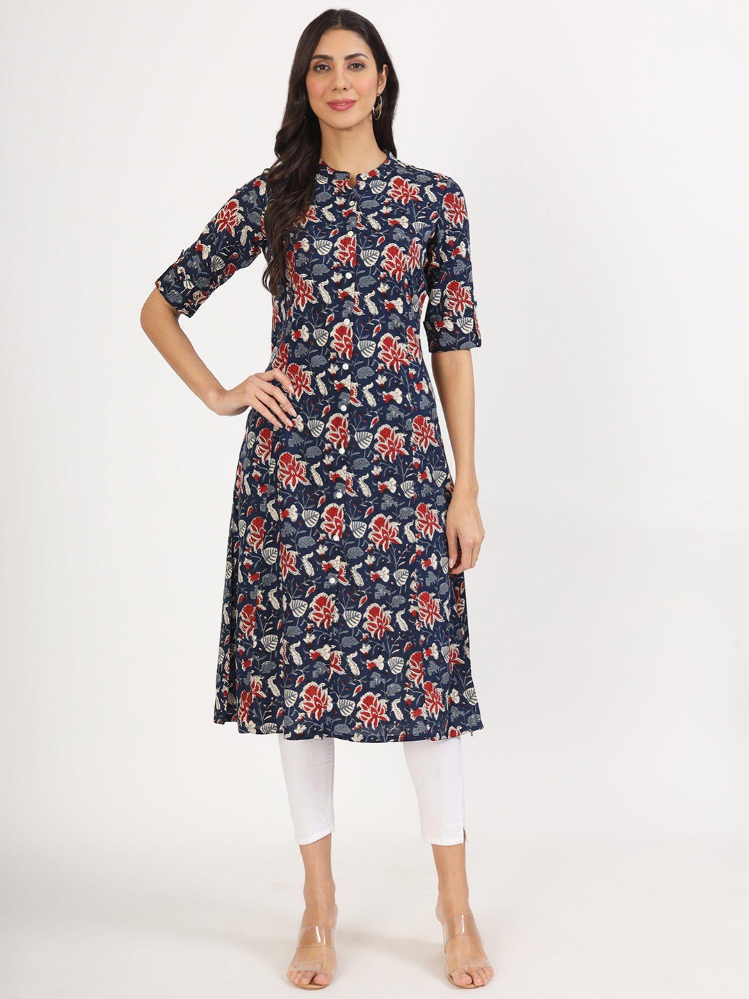 blue floral printed rayon a-line kurta