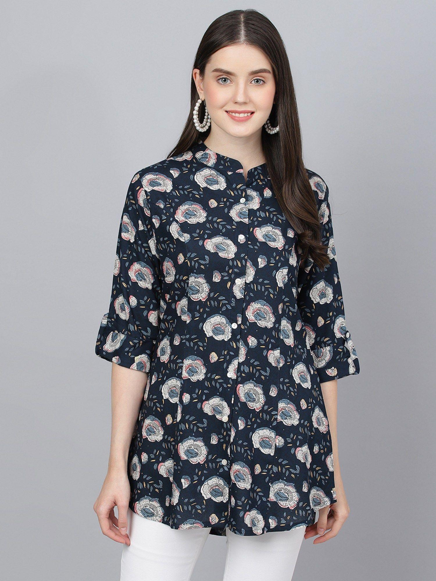 blue floral printed rayon a-line shirts style top