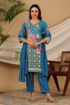 blue floral printed rayon kurta pants & dupatta set with sequins work - blue