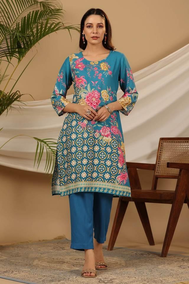 blue floral printed rayon kurta pants _ dupatta set with sequins work