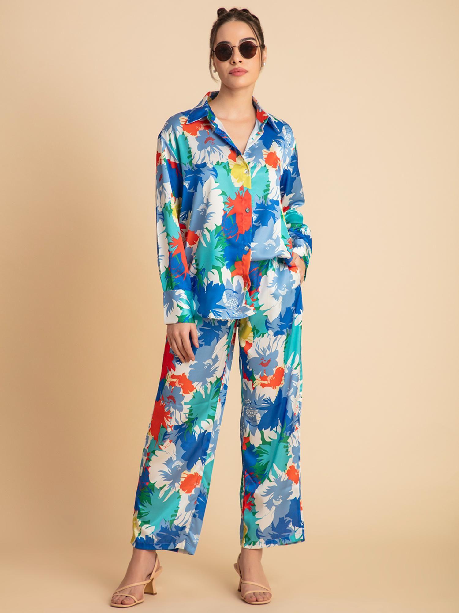 blue floral printed satin co-ord (set of 2)