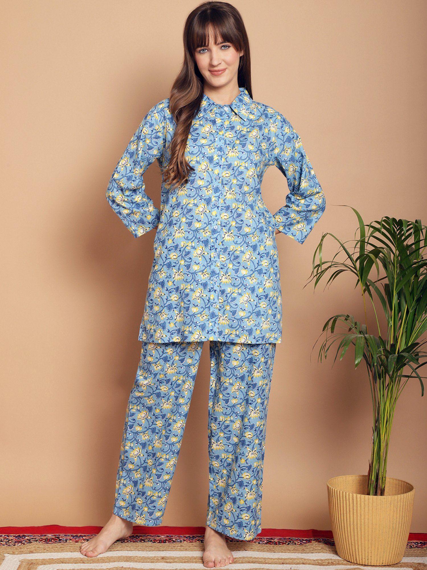 blue floral printed shirt collar pure cotton night suit (set of 2)