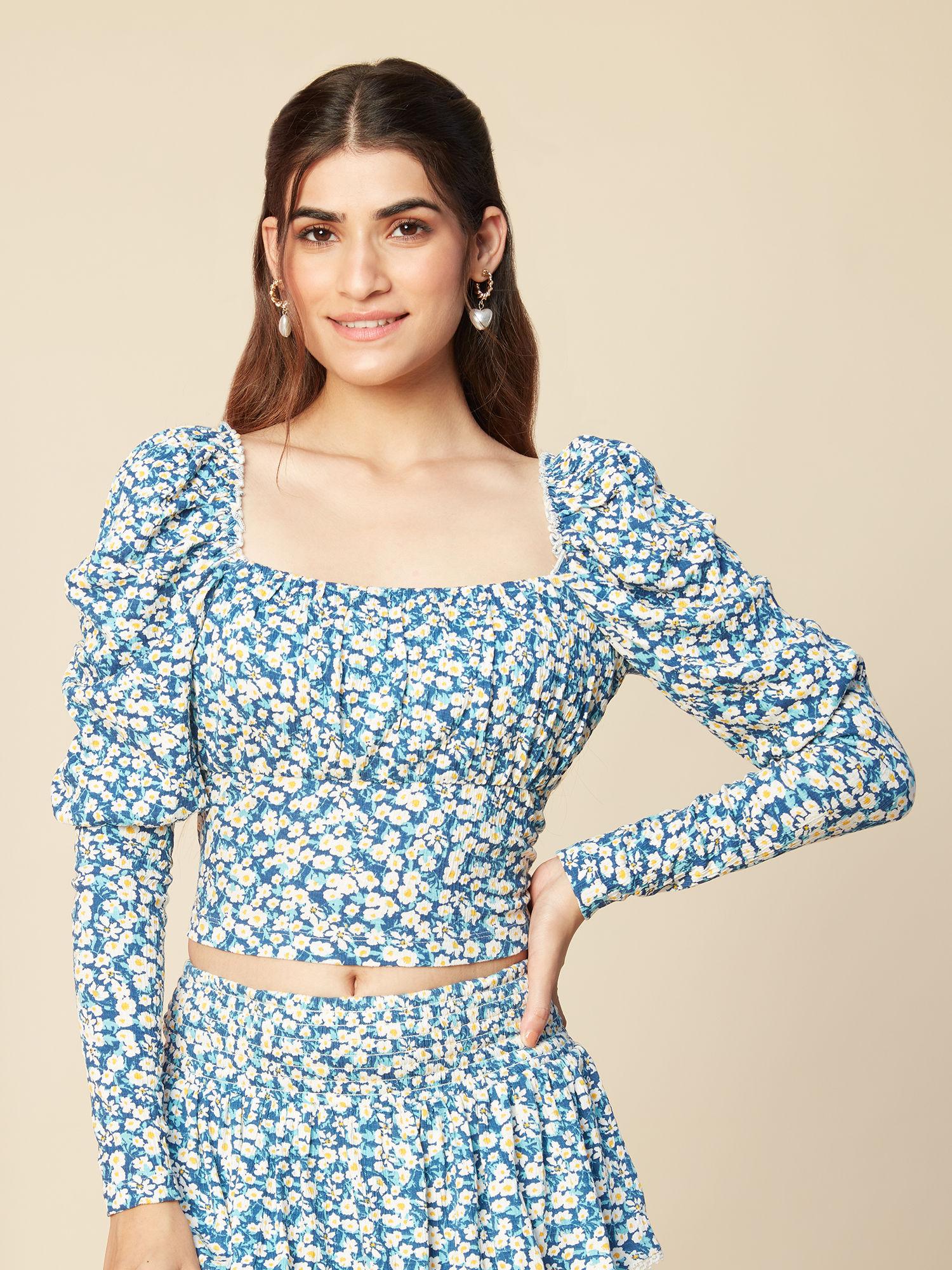 blue floral printed square neck peplum top