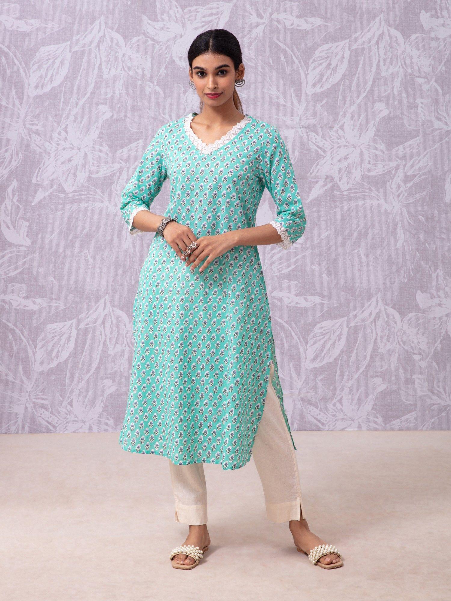 blue floral printed straight kurta with lace detail likkur164