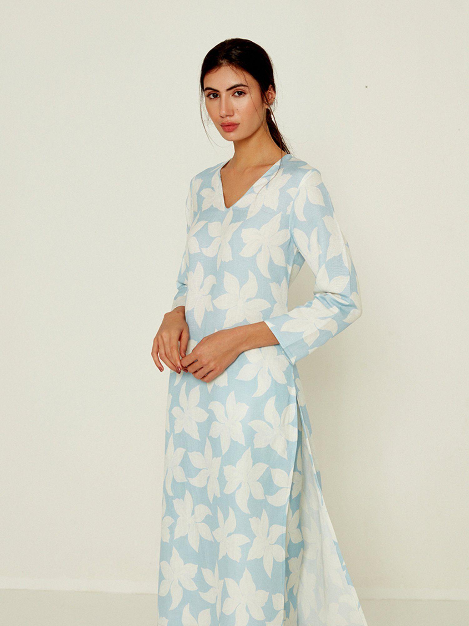 blue floral printed straight kurta