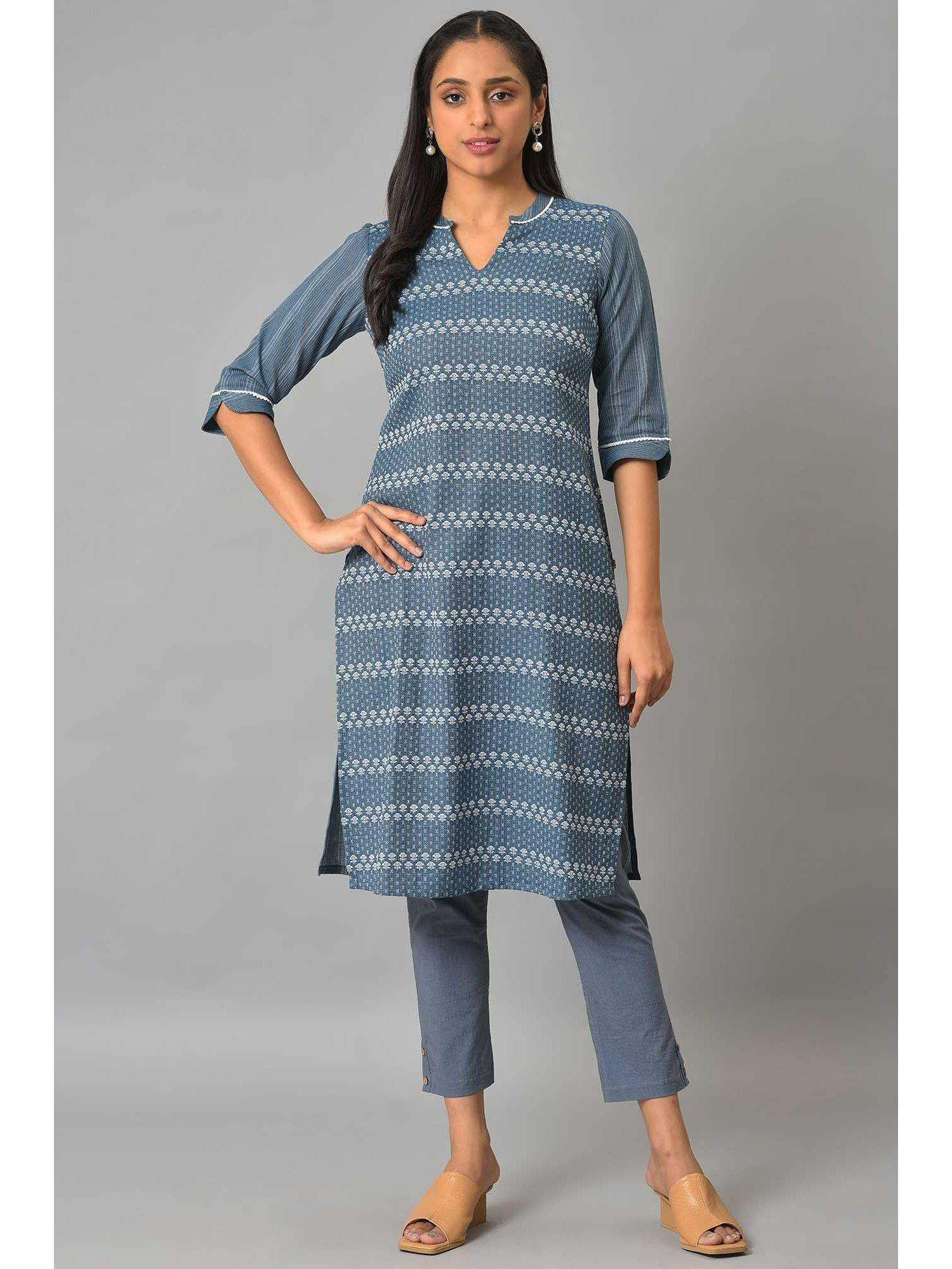 blue floral printed straight kurta