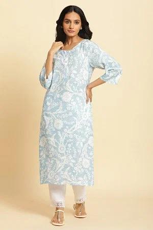 blue floral printed straight kurta