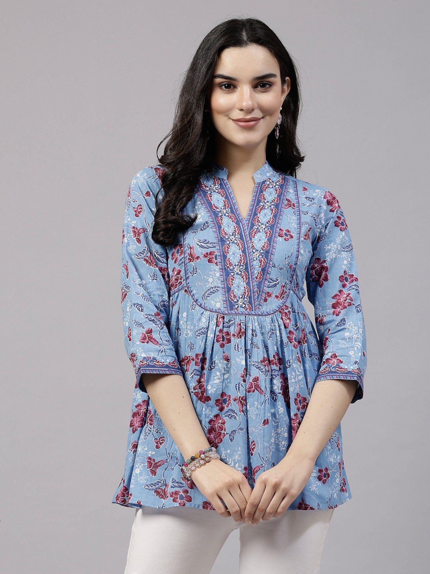 blue floral printed top with embellished yoke