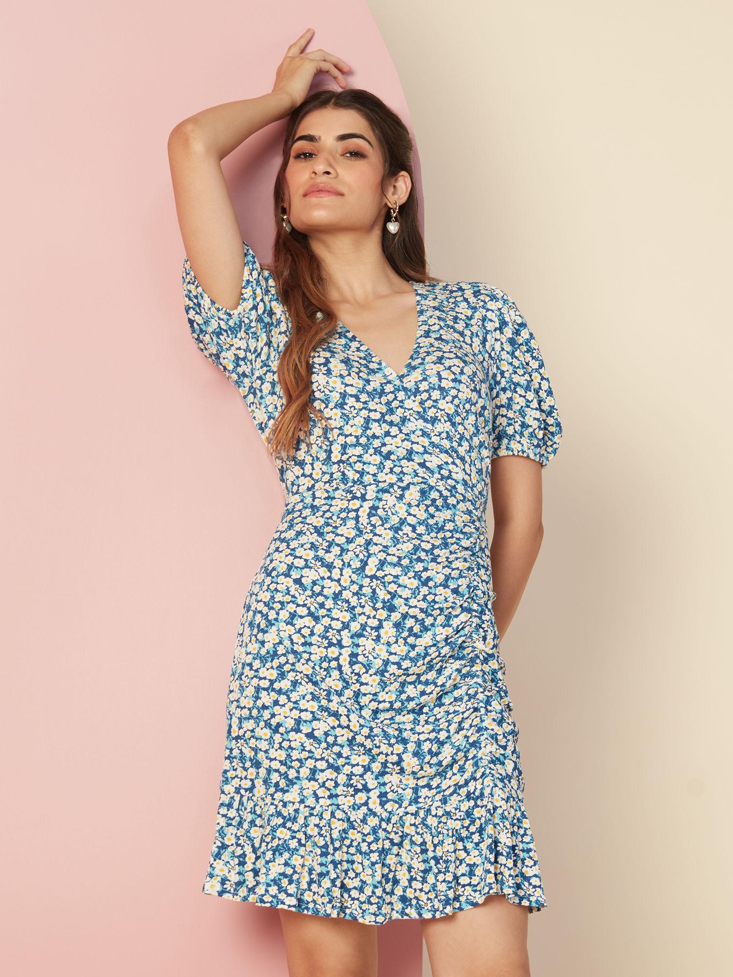 blue floral printed v neck fitted short dress