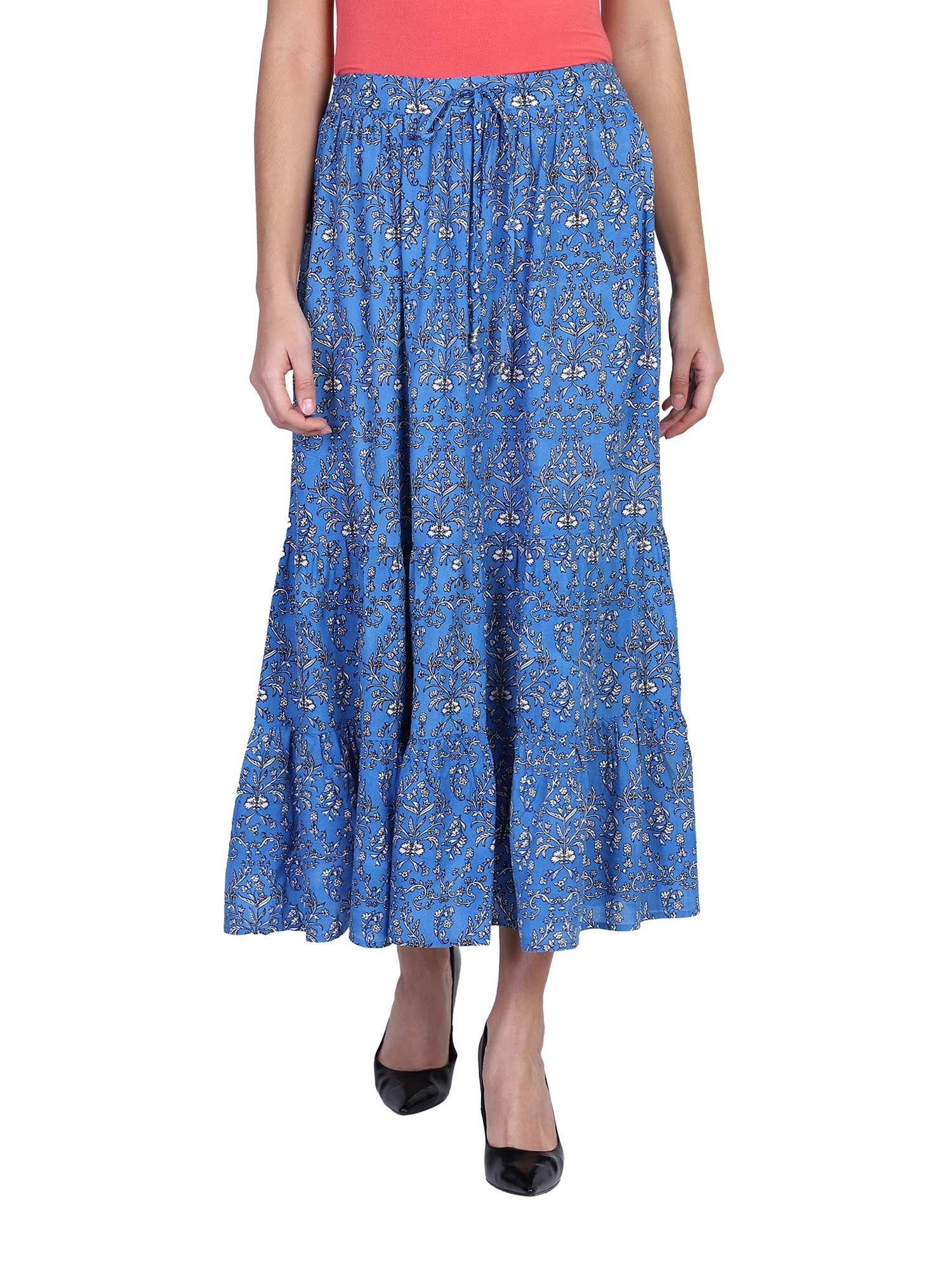 blue floral printed viscose maxi skirt