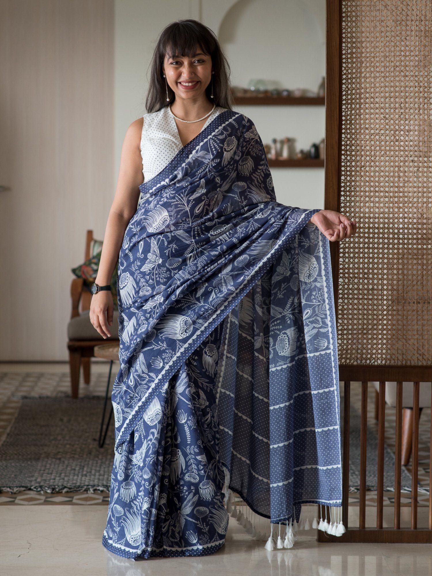 blue floral pure cotton saree with unstitched blouse