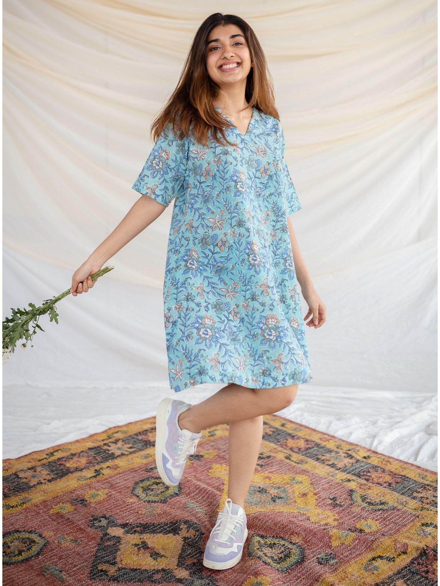 blue floral sanganeri dress