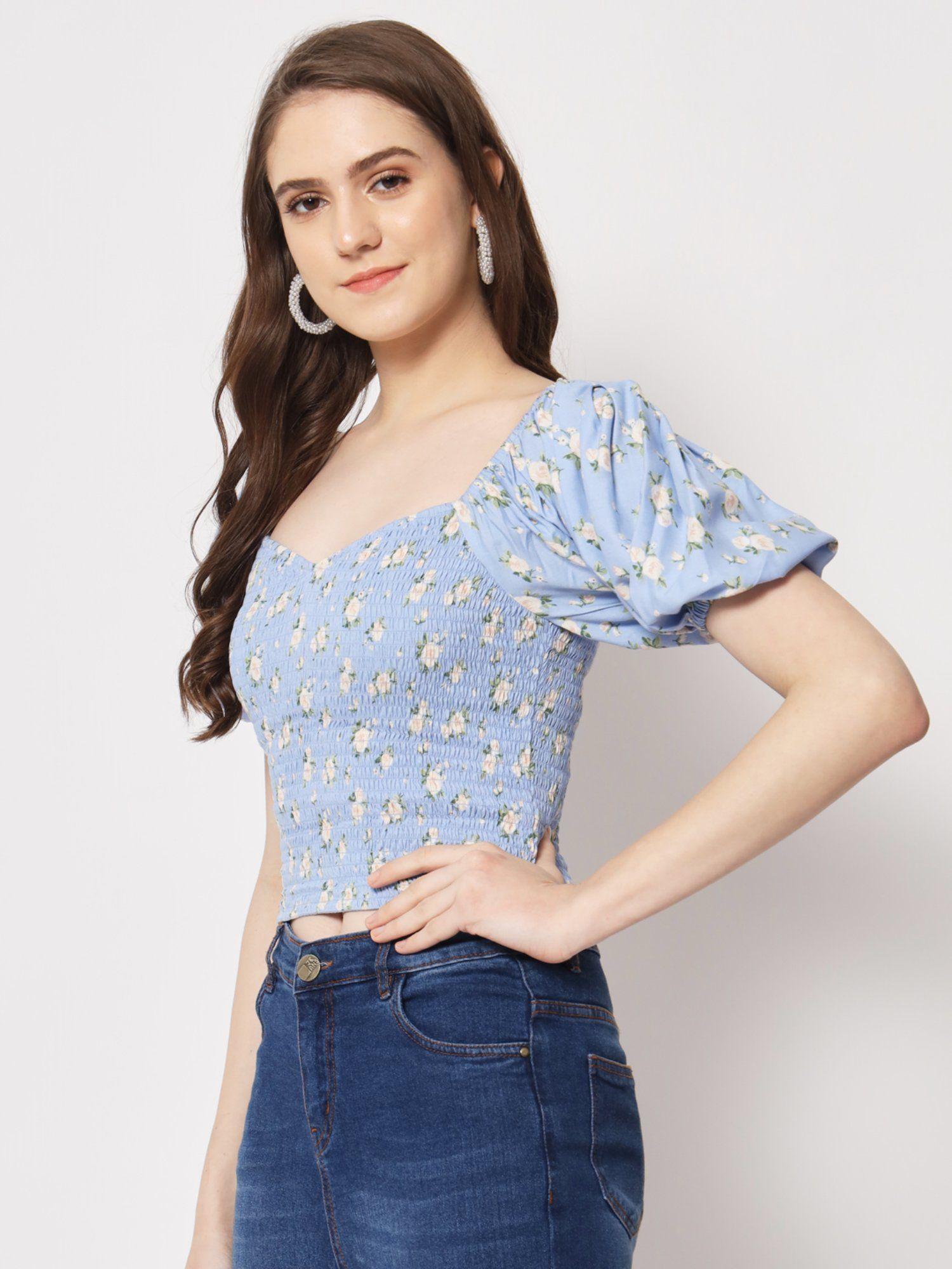 blue floral smocking top