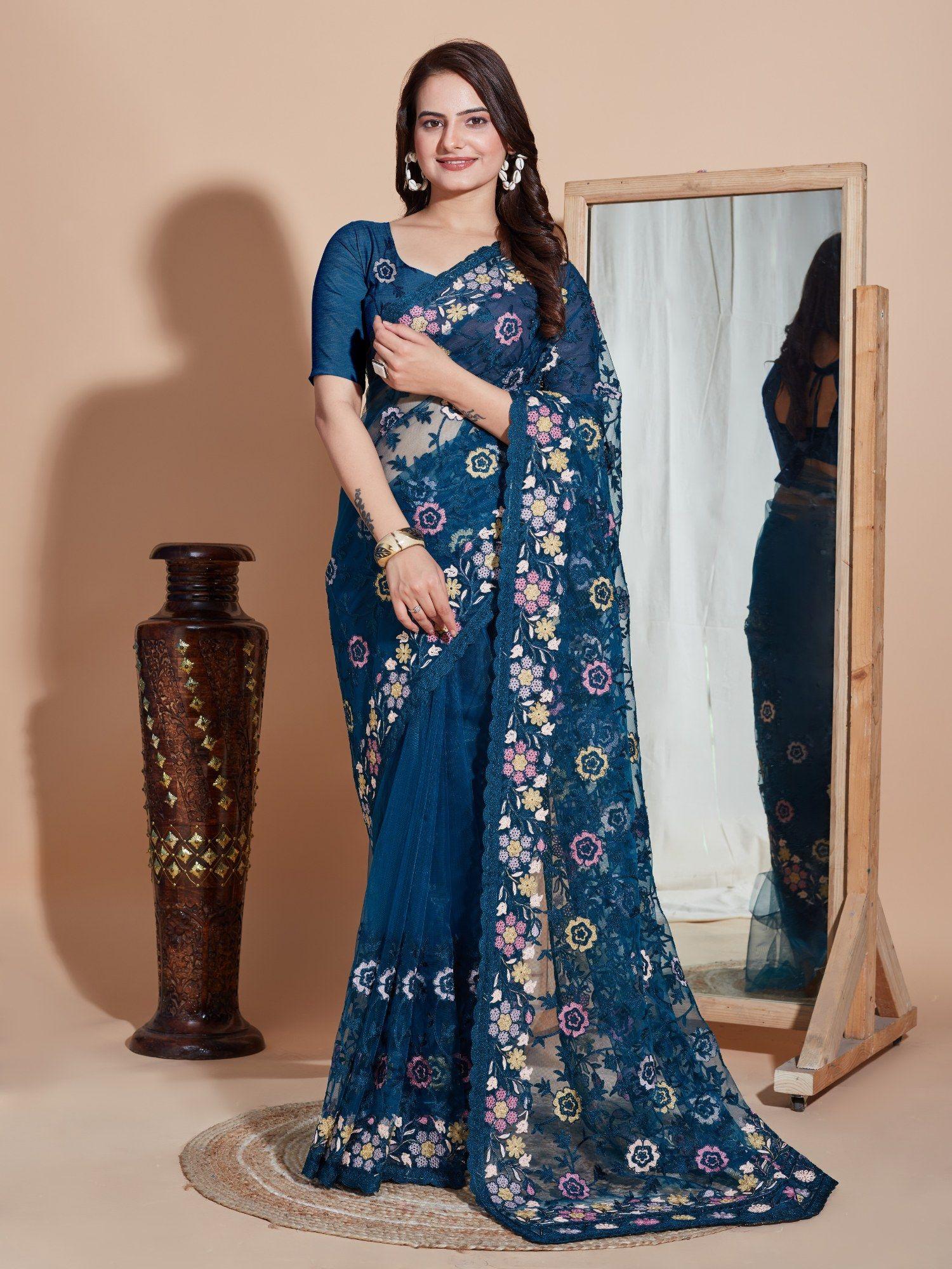 blue floral soft net embroidery saree with unstitched blouse