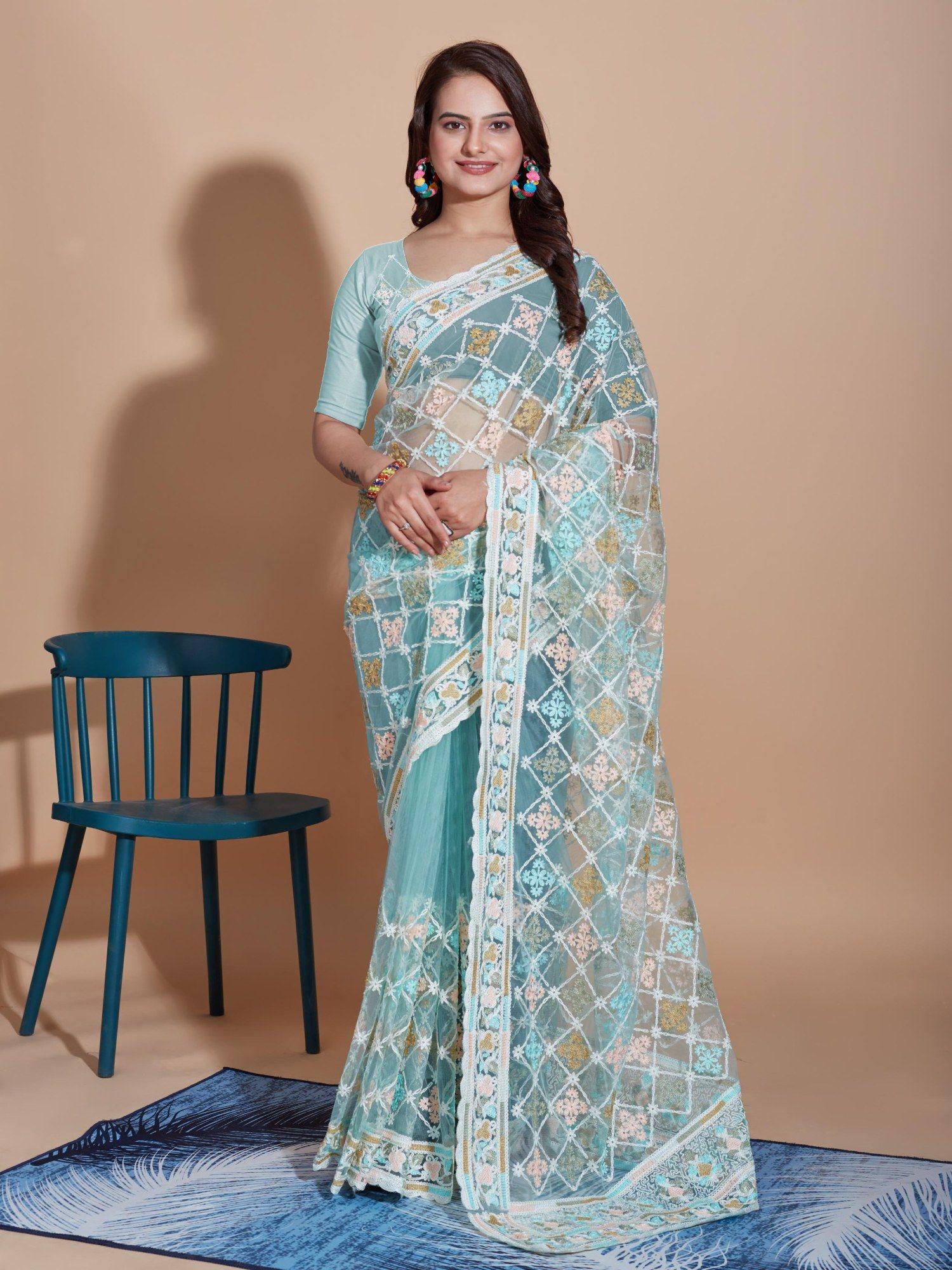 blue floral soft net embroidery saree with unstitched blouse