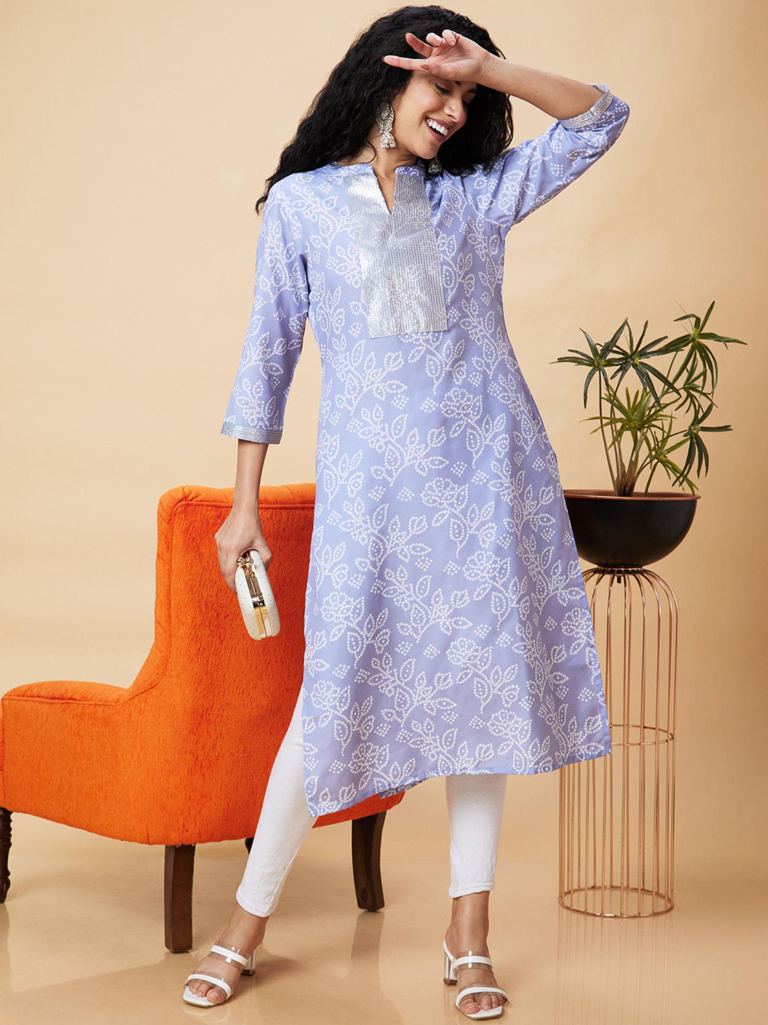 blue floral three fourth sleeves mandarin neck kurta