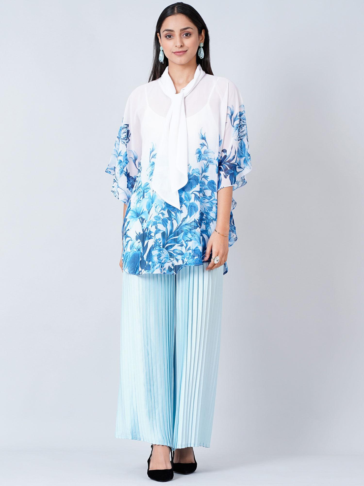 blue floral top and pleated palazzo (set of 2)