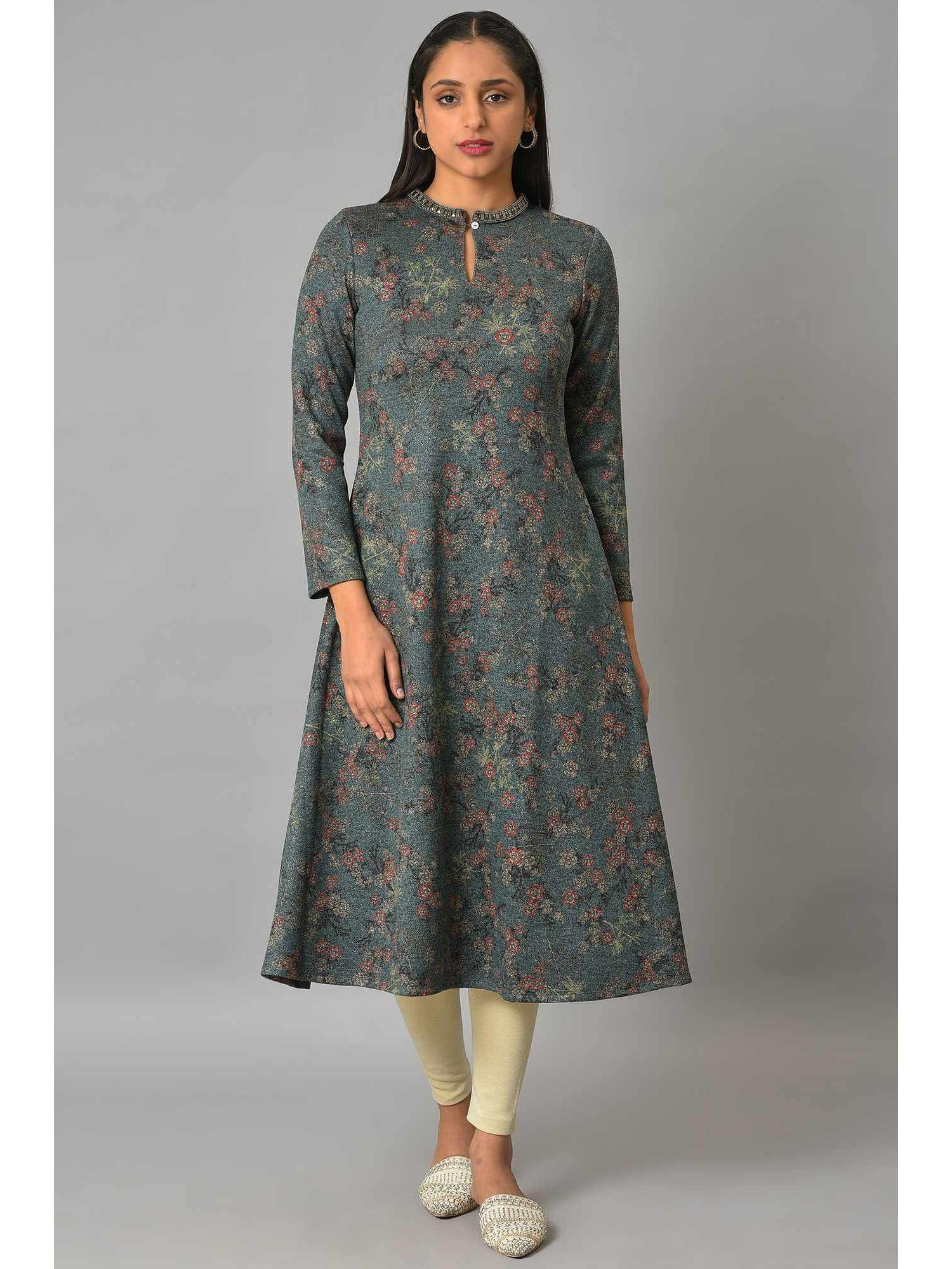 blue floral winter kurta