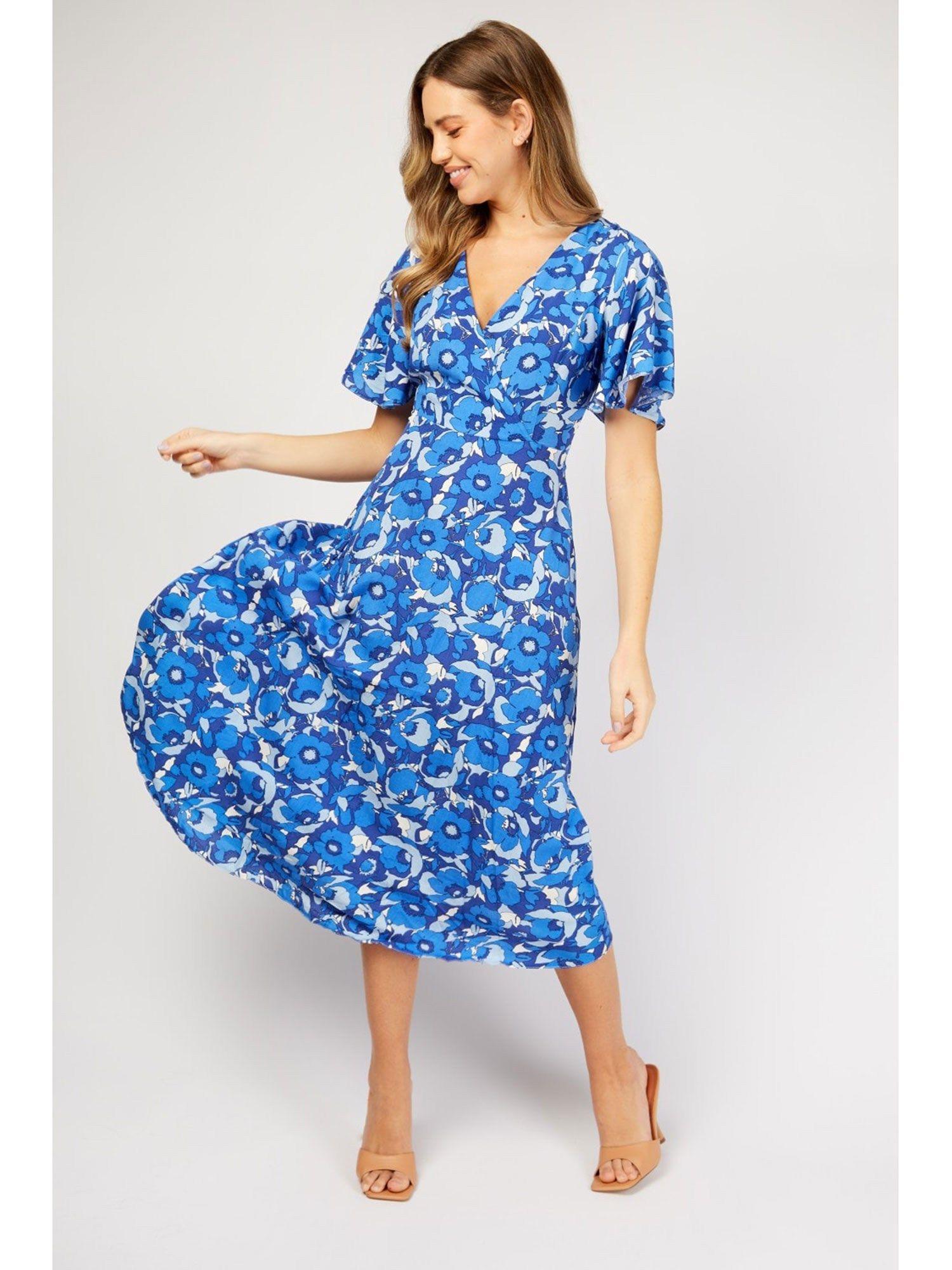 blue floral wrap midi dress