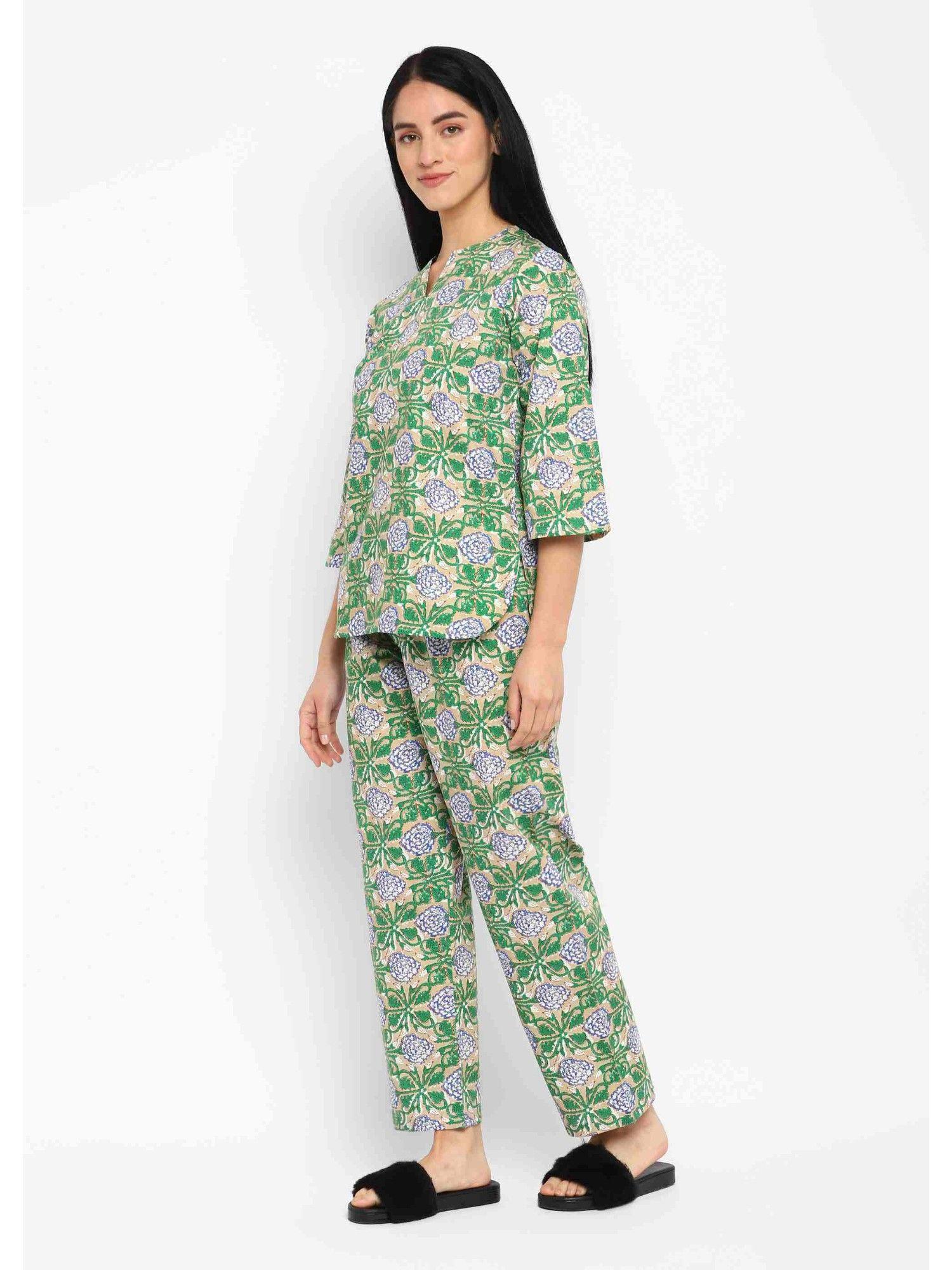 blue flower and green leaf print cotton long sleeve womens night suit (set of 2)