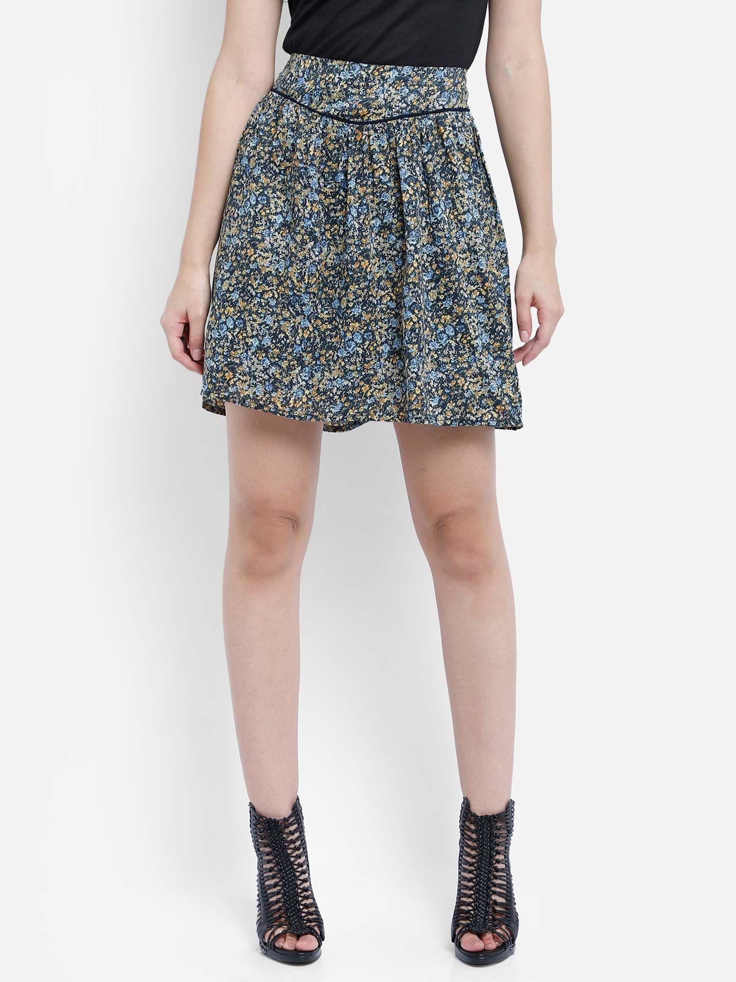 blue flower print a-line mini skirt