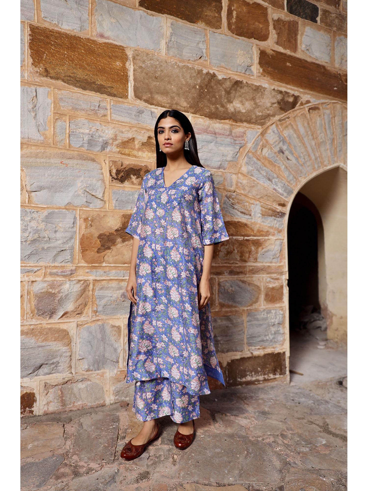 blue flower print chanderi kurta with pant (set of 2)