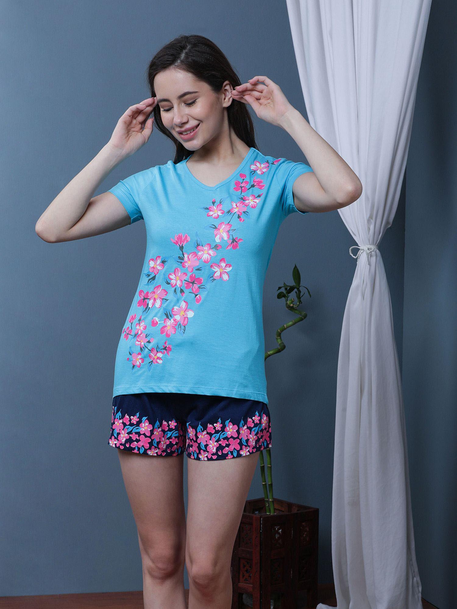 blue flower print t-shirt with shorts (set of 2)