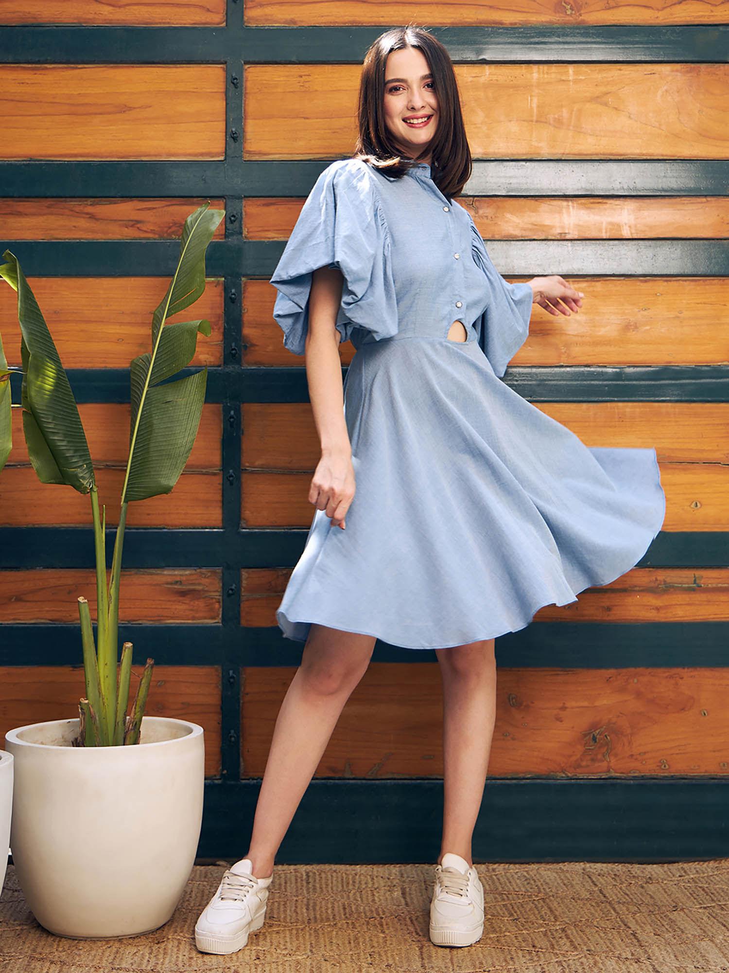 blue flutter sleeves cut-out pure cotton fit & flare dress