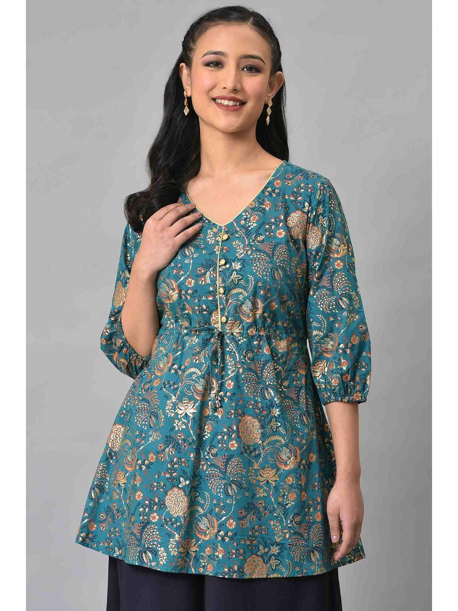 blue foil floral printed kurti