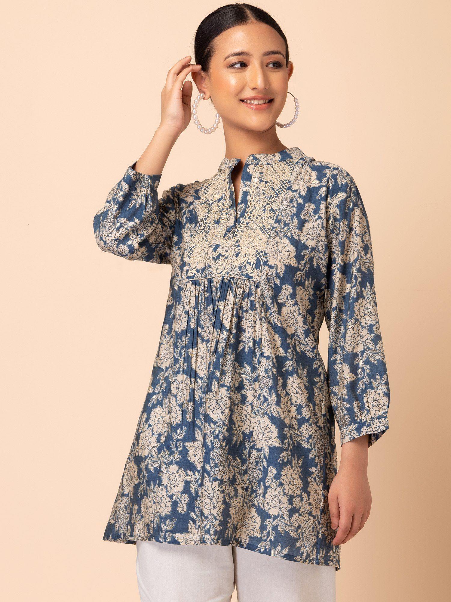 blue foil print embroidered muslin short kurti