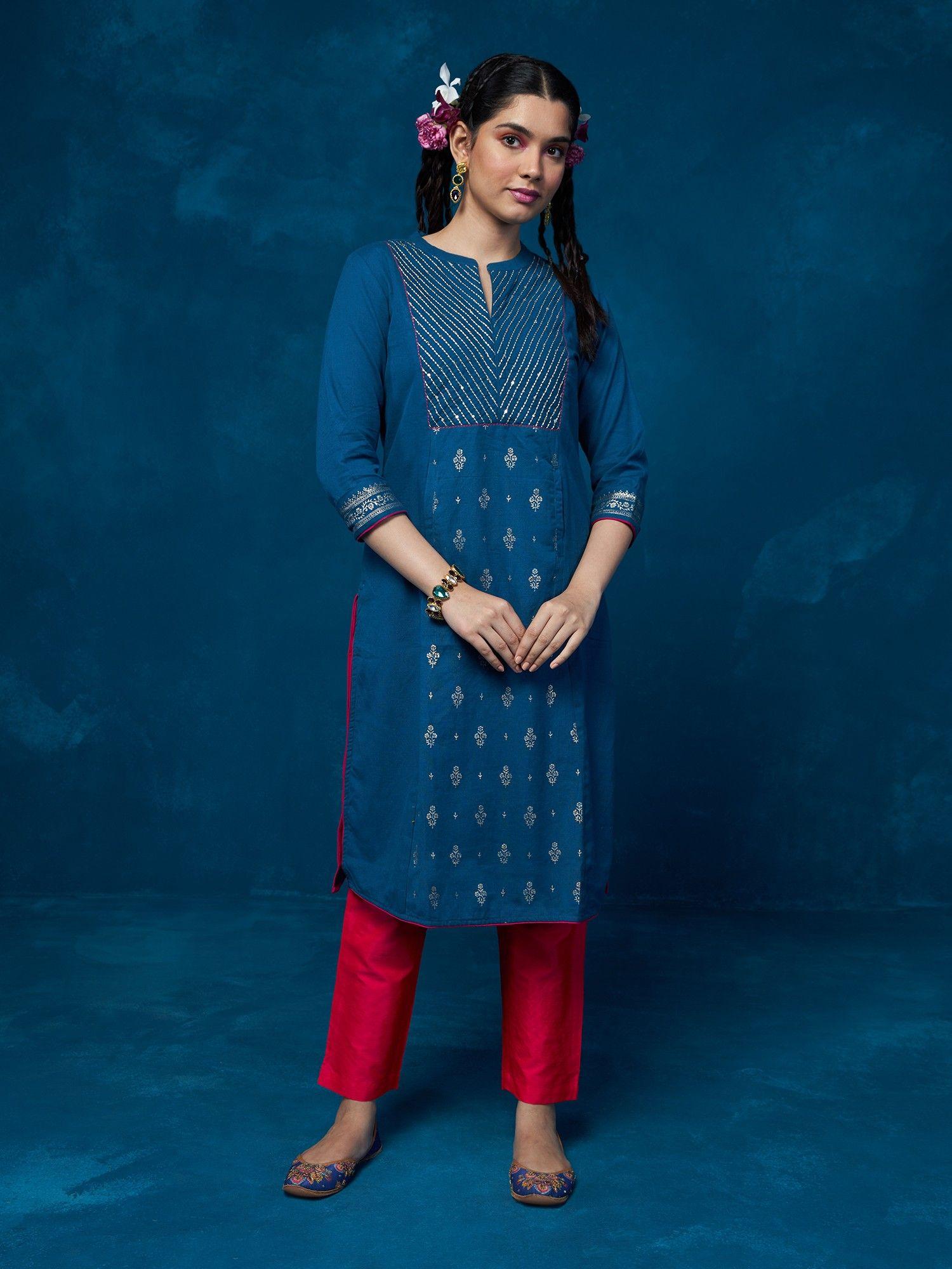 blue foil printed embroidered kurta likkur188