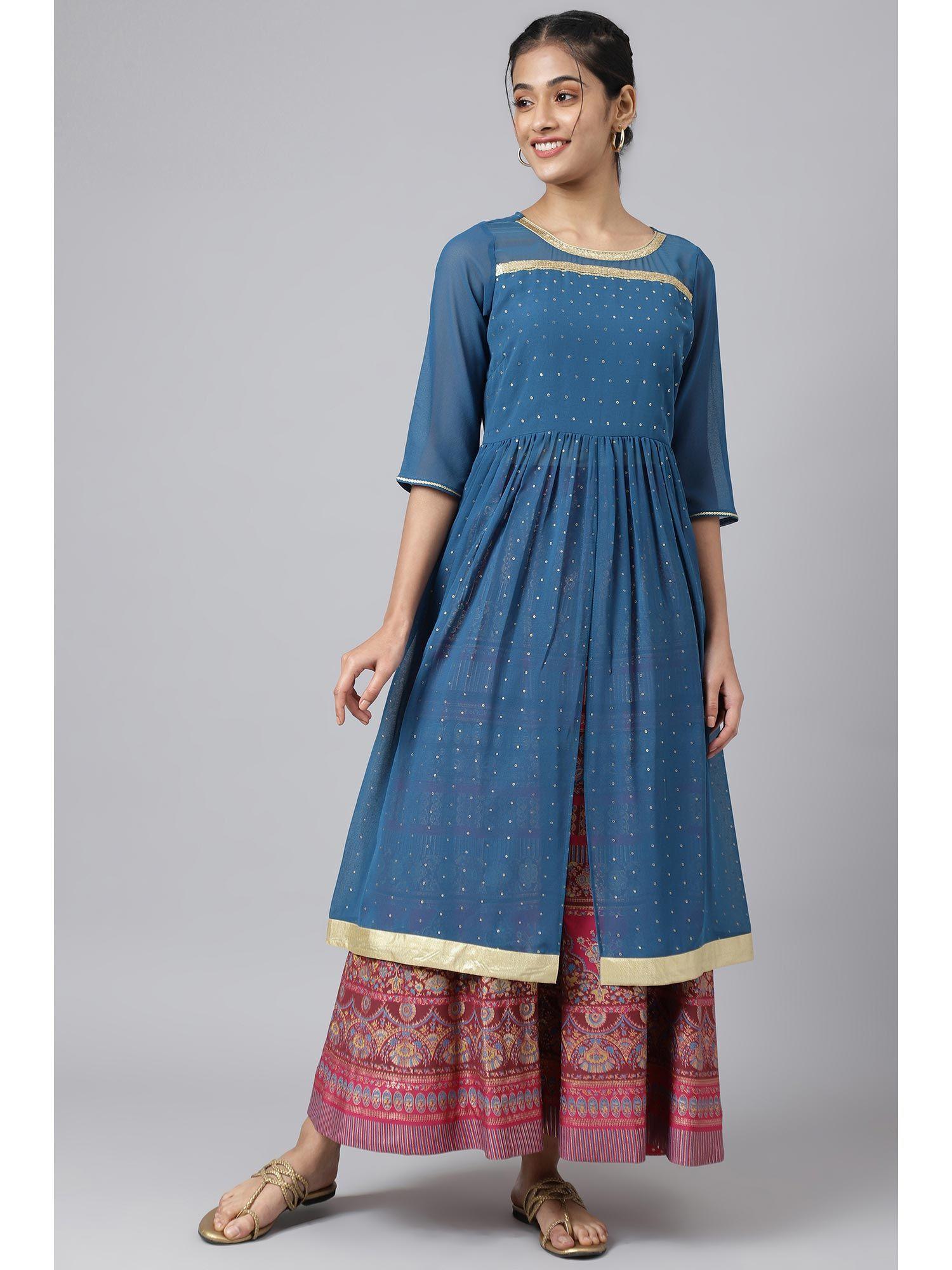 blue foil printed kurta with pink skirt (set of 2)